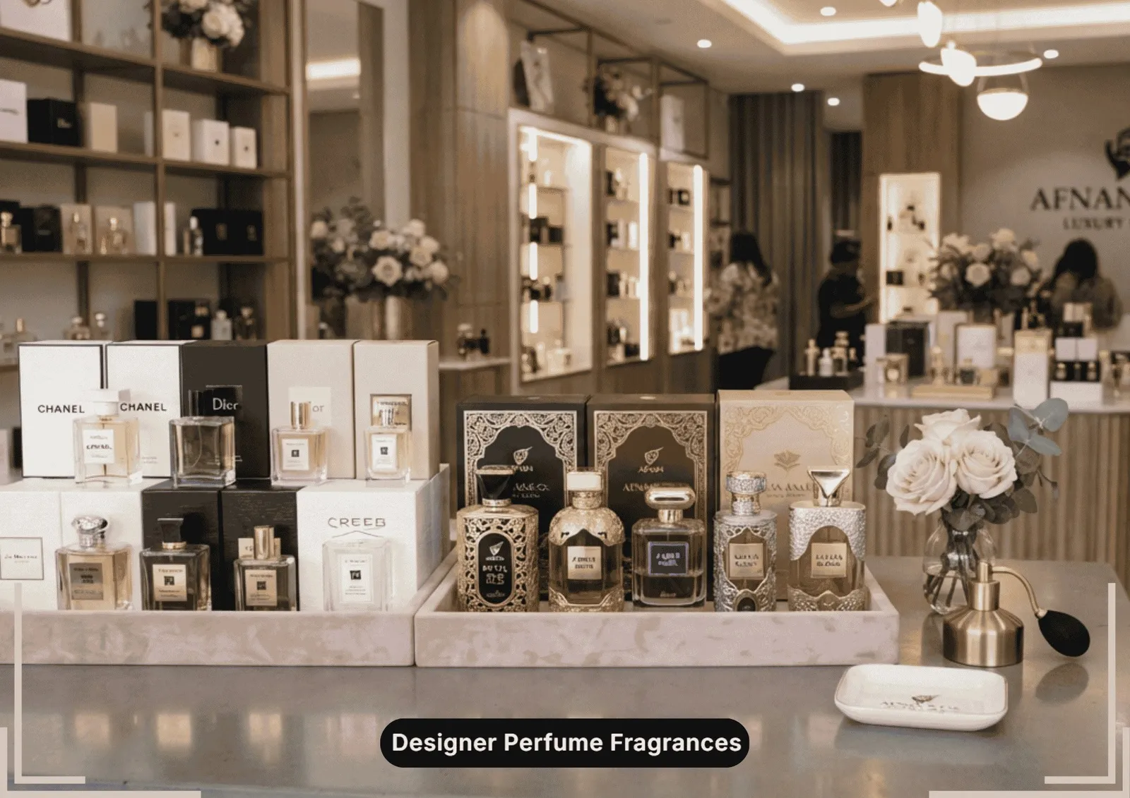 A luxury retail display of authentic designer and Arabian perfumes including Chanel, Dior, Creed and Afnan