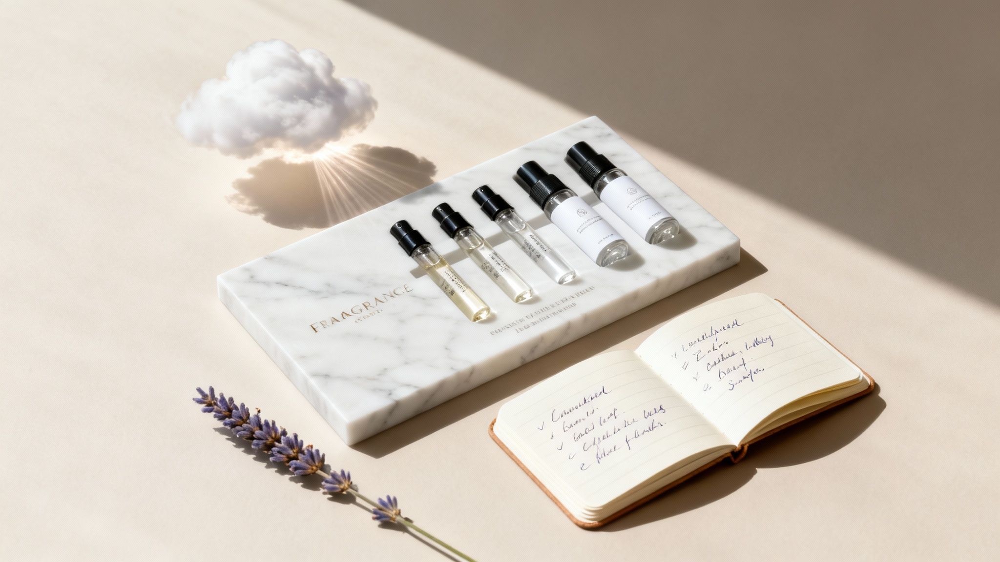 Lavender and vanilla fragrance flatlay