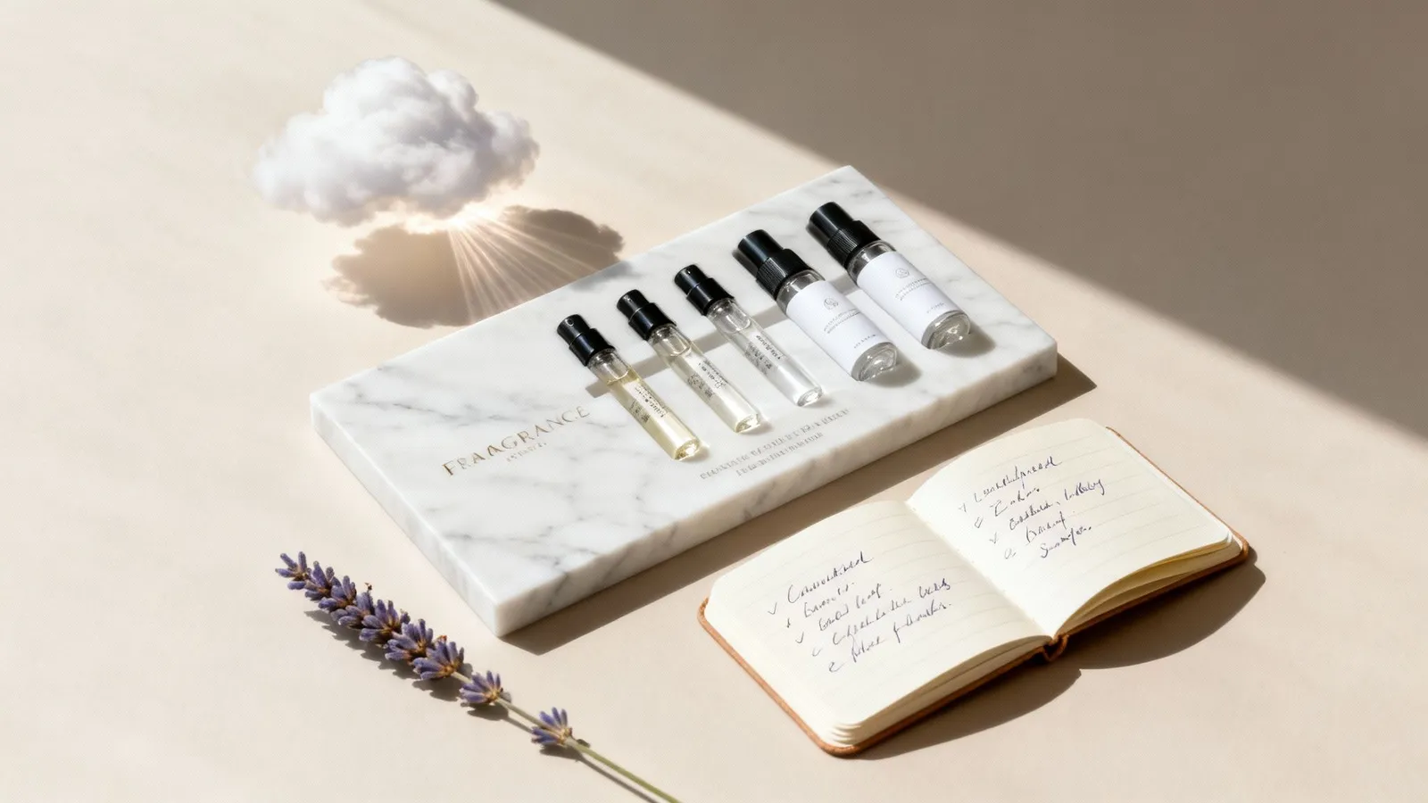 Lavender and vanilla fragrance flatlay