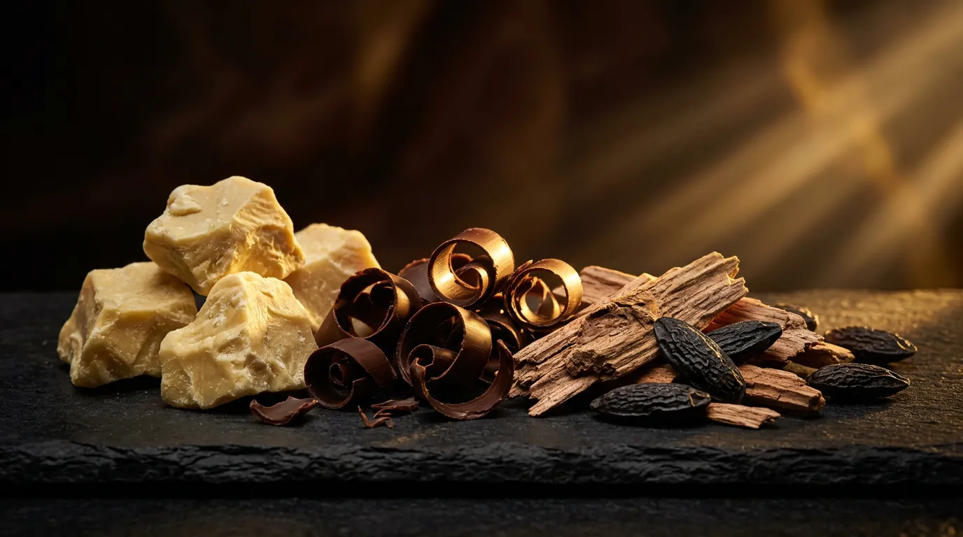 Raw cocoa butter, dark chocolate shavings, cedarwood chips and tonka beans — the heart and base of Musamam Black Intense