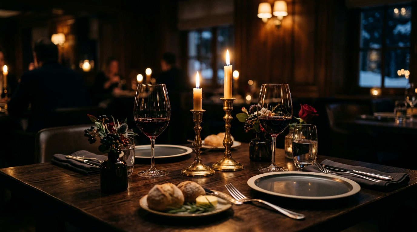 Candlelit dinner table with crystal wine glasses — the perfect winter evening for Musamam Black Intense