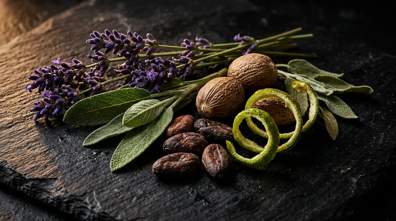 Lavender, nutmeg, sage, bergamot and cocoa — the raw ingredients behind Musamam Black Intense