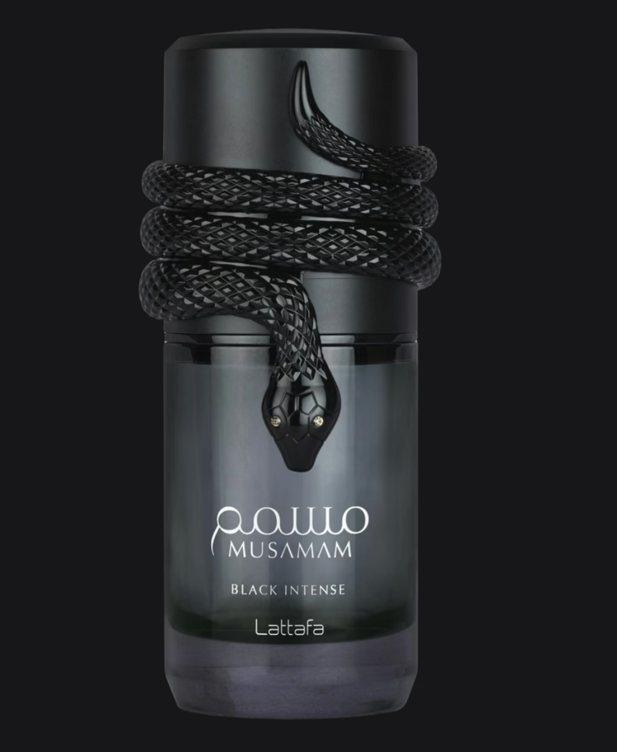 Lattafa Musamam Black Intense matte-black flacon coiled by a black cobra