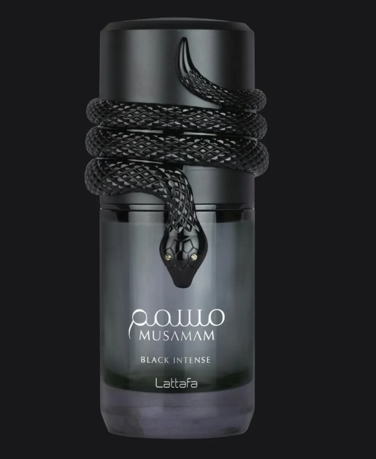 Lattafa Musamam Black Intense matte-black flacon coiled by a black cobra