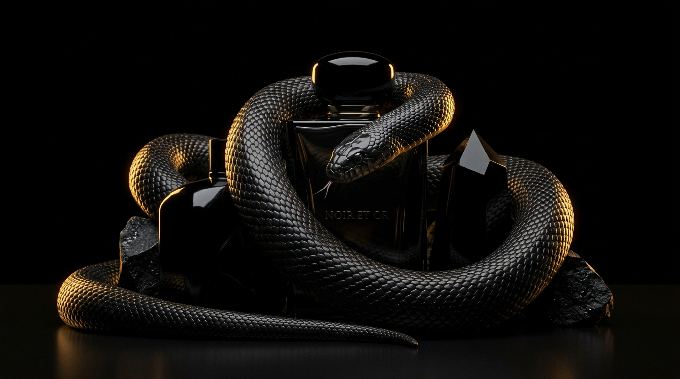 Close-up of the black serpent coiling around the Musamam Black Intense bottle cap — matte scales catching golden light