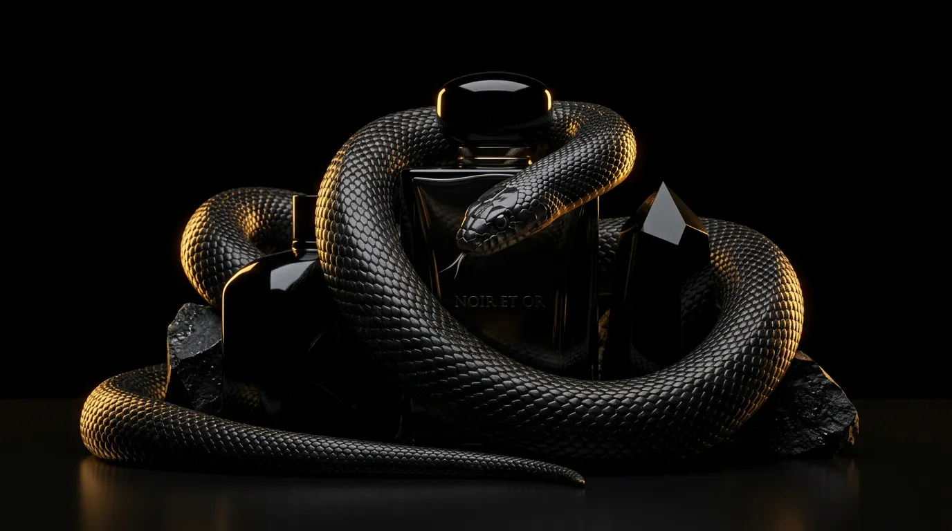 Close-up of the black serpent coiling around the Musamam Black Intense bottle cap — matte scales catching golden light