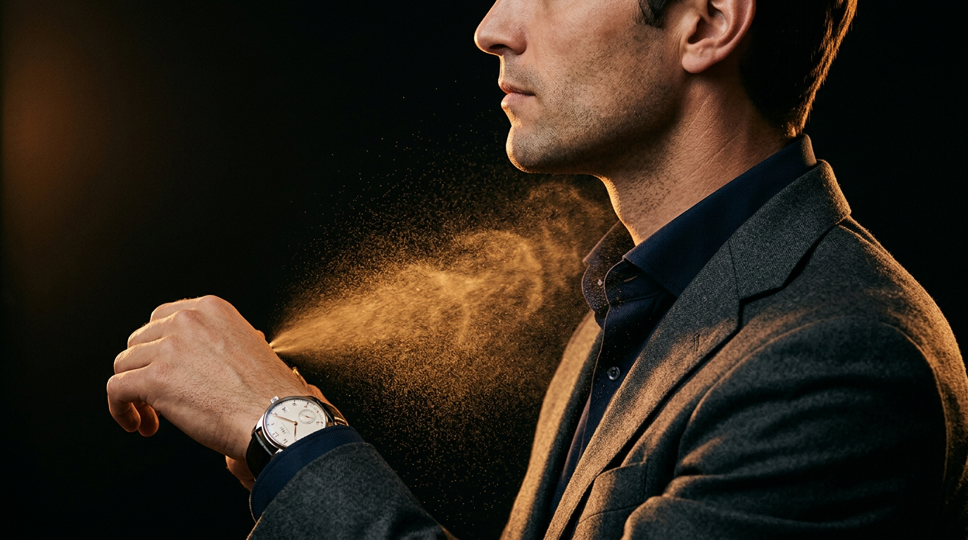 Perfume mist catching warm golden light against dark fabric — the moment of applying Musamam Black Intense