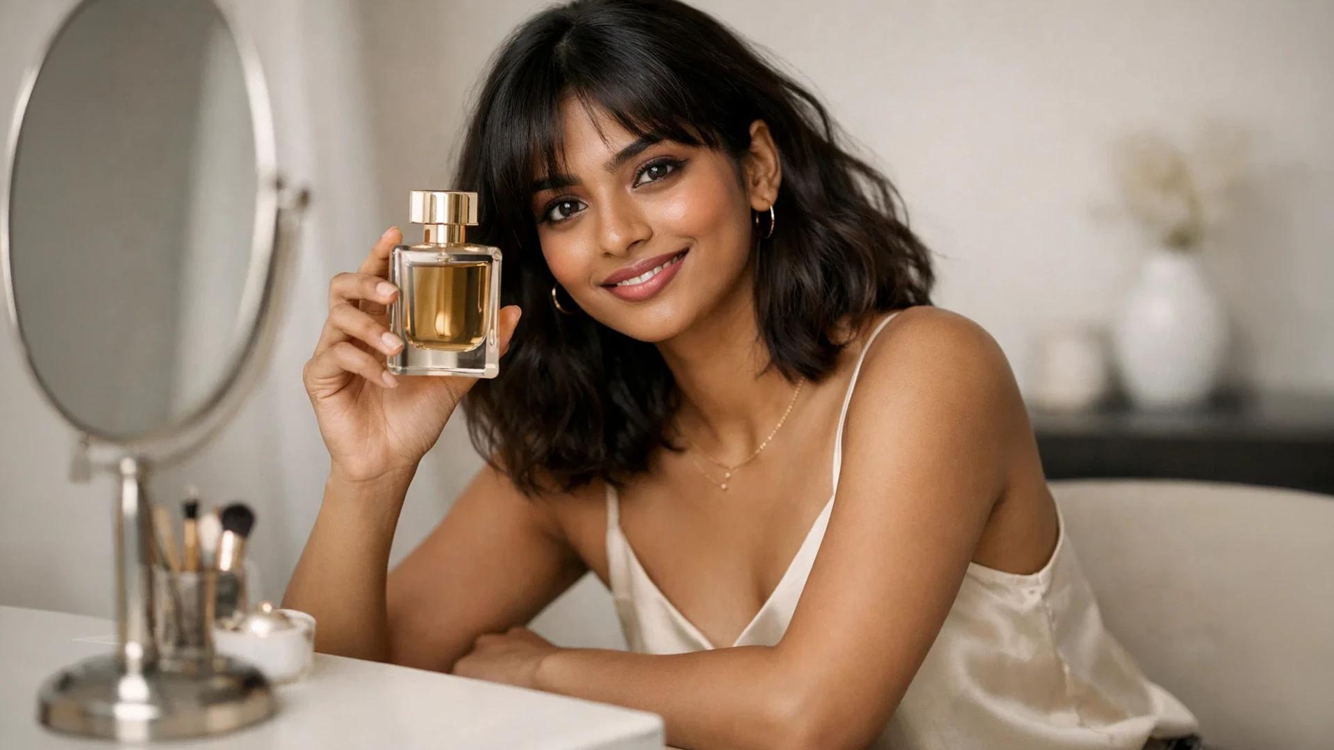 Woman applying perfume in soft light