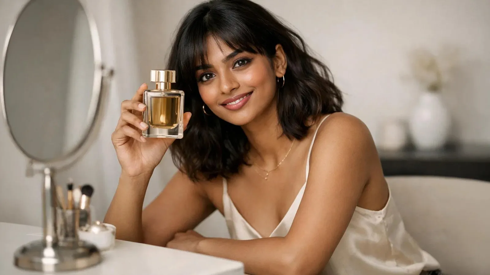 Woman applying perfume in soft light
