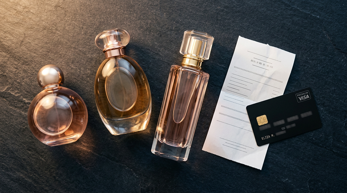 Flat-lay of perfume bottles beside a receipt and card on dark stone