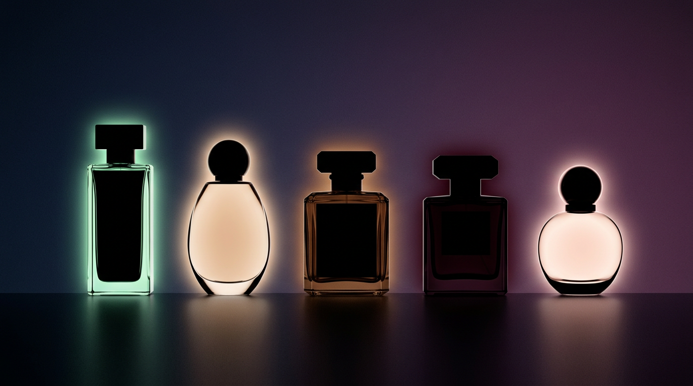 Five perfume bottle silhouettes each lit in a different scent-family colour