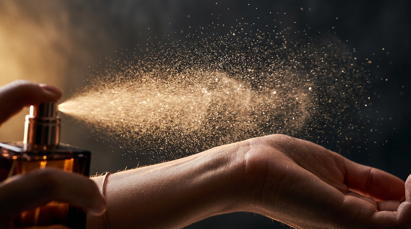 Close-up of perfume being sprayed onto a wrist with visible mist