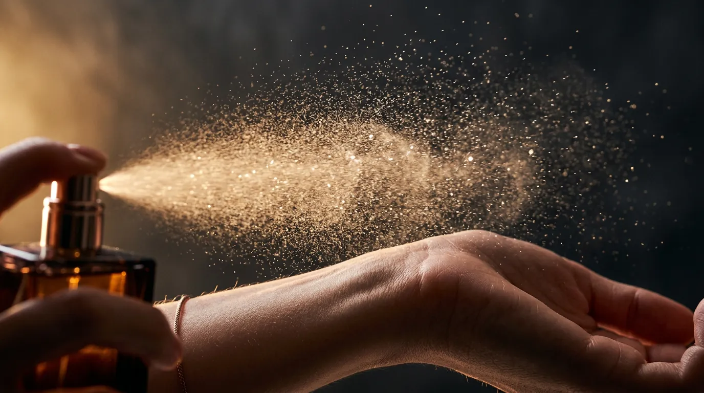 Close-up of perfume being sprayed onto a wrist with visible mist