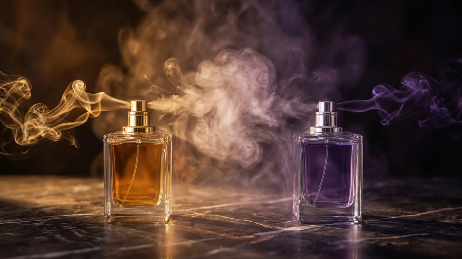 Two perfume bottles with intertwining fragrance mist