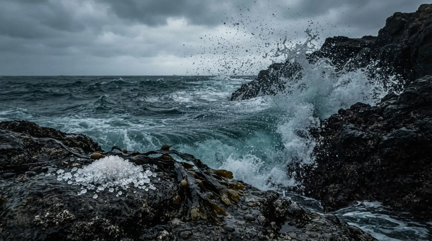 Ocean wave breaking on rocks with sea salt, representing aquatic and marine colognes