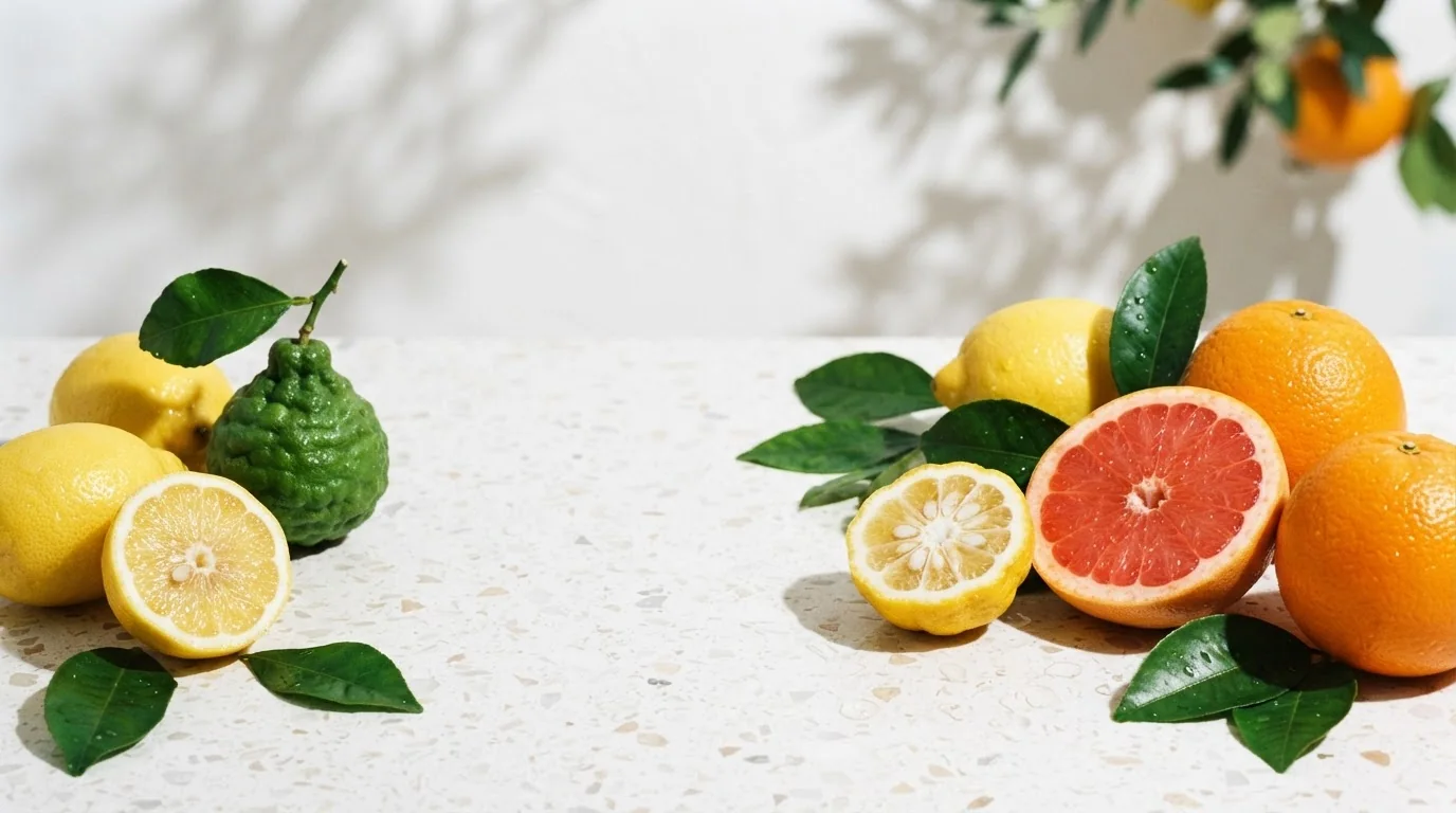 Lemons, bergamot, grapefruit and oranges in sunlight, the notes in citrus colognes