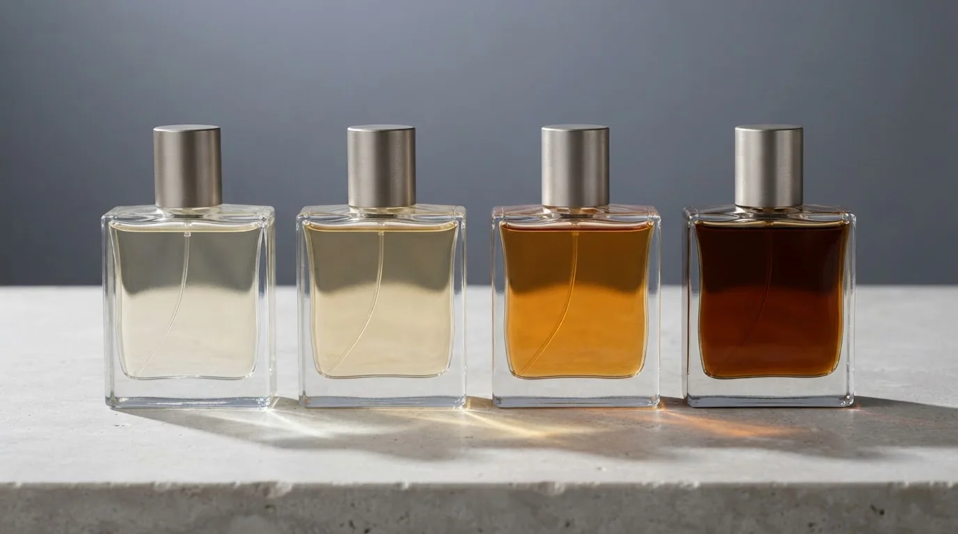 Four bottles from pale to dark showing cologne, eau de toilette, eau de parfum and parfum concentrations