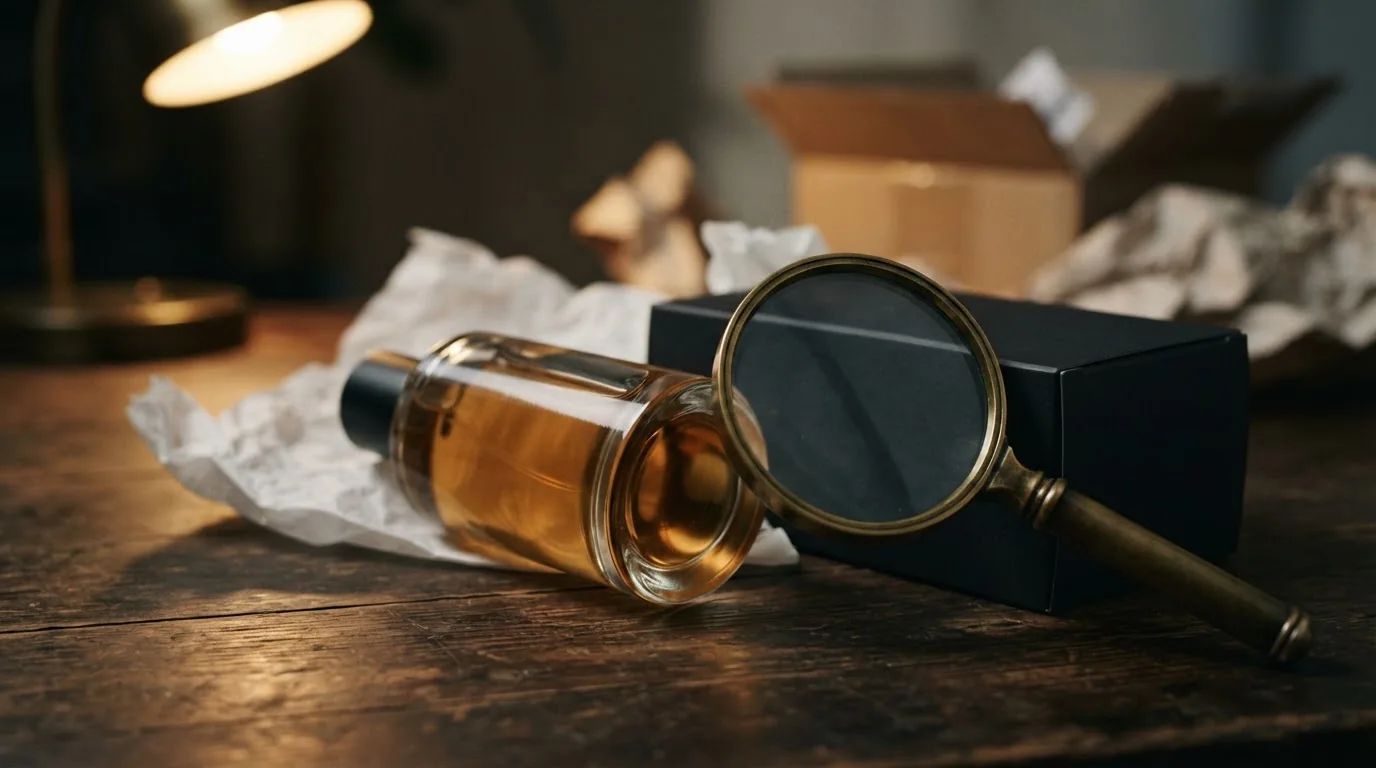 Checking a perfume bottle and box with a magnifying glass to spot a fake