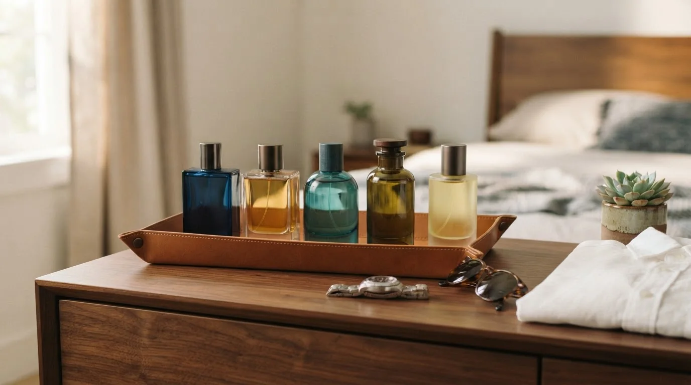 A five-bottle men's fragrance collection on a leather tray on a dresser
