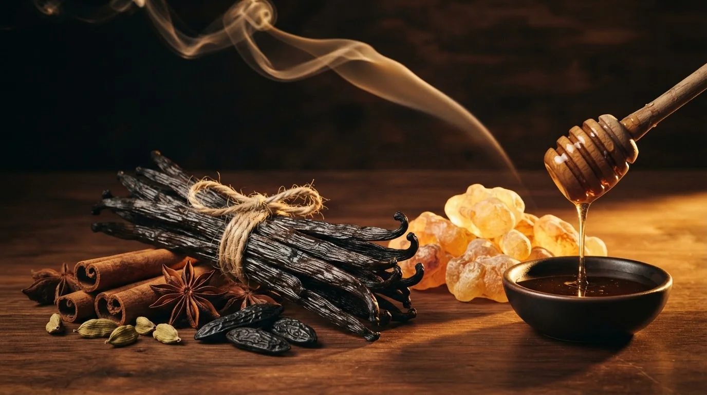 Vanilla pods, cinnamon, tonka beans, amber resin and honey, the notes in spicy amber colognes