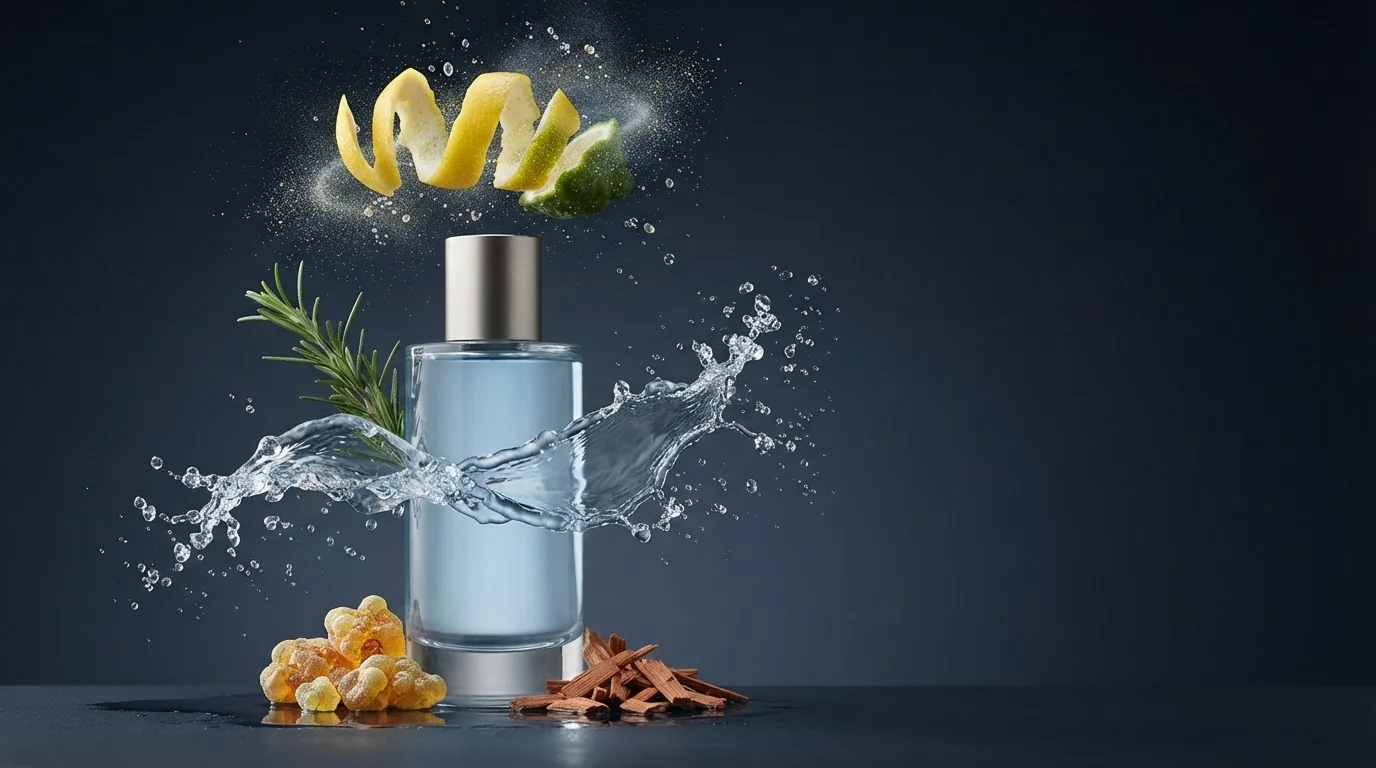 What is a blue fragrance: citrus, aquatic and amber accords around a cologne bottle