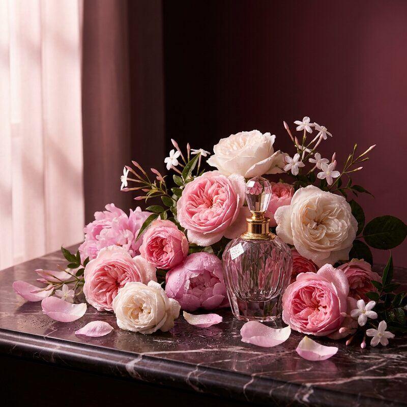 Floral fragrance family — Rose petals, jasmine blooms, and elegant white florals.