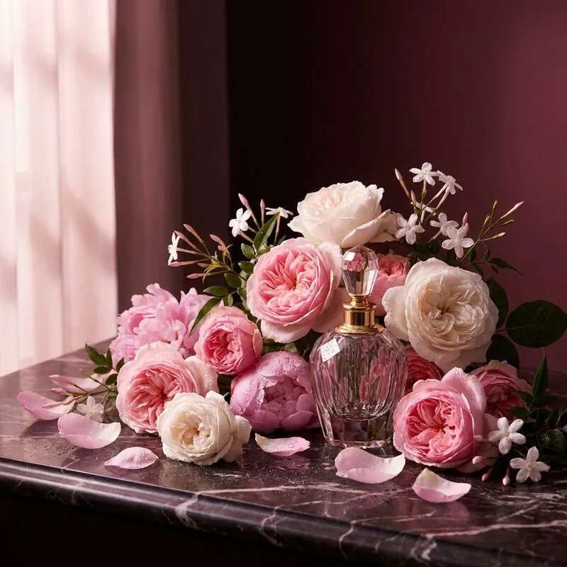 Floral fragrance family — Rose petals, jasmine blooms, and elegant white florals.