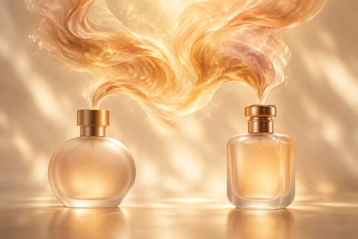 Two frosted perfume bottles with golden scent trails merging into a single cloud