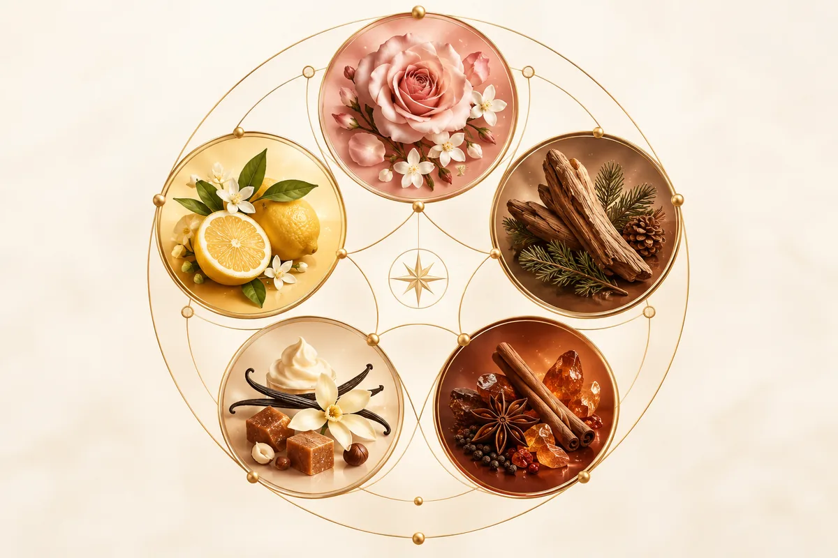 Fragrance families layering wheel showing which scent families pair well together