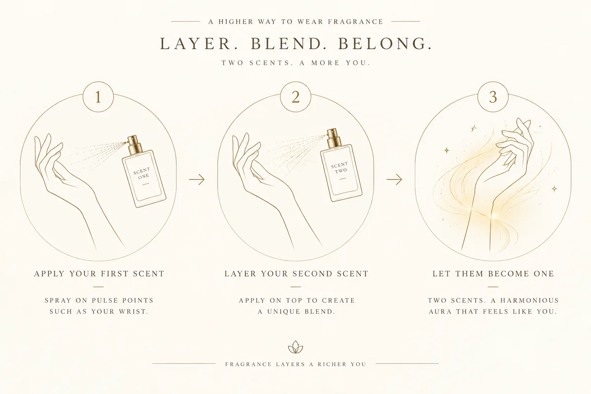 Illustrated three-step guide showing how to layer two fragrances on the wrist